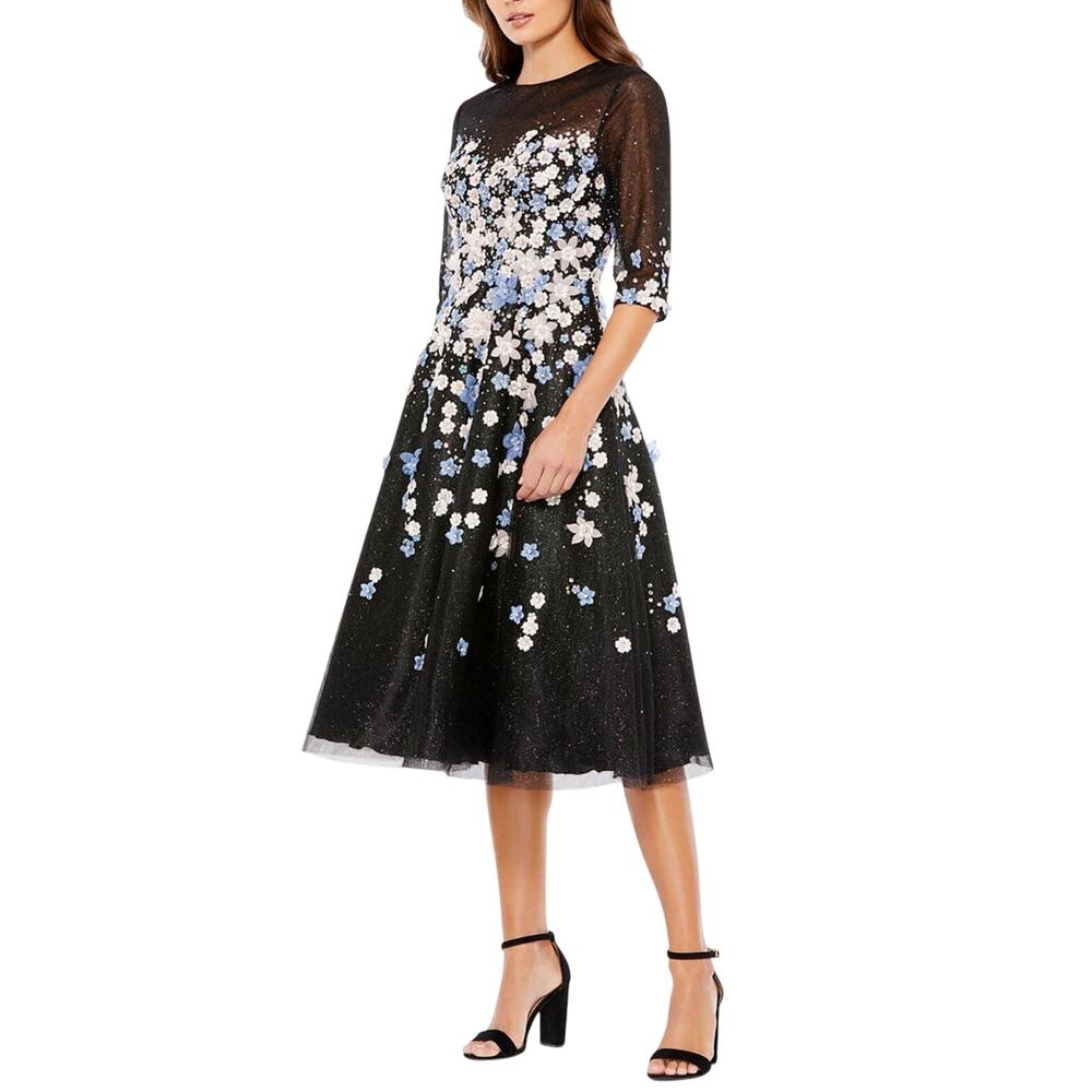 Mac Duggal 11161 Black Cocktail Dress Beaded Floral Fit and Flare Midi Size 4
